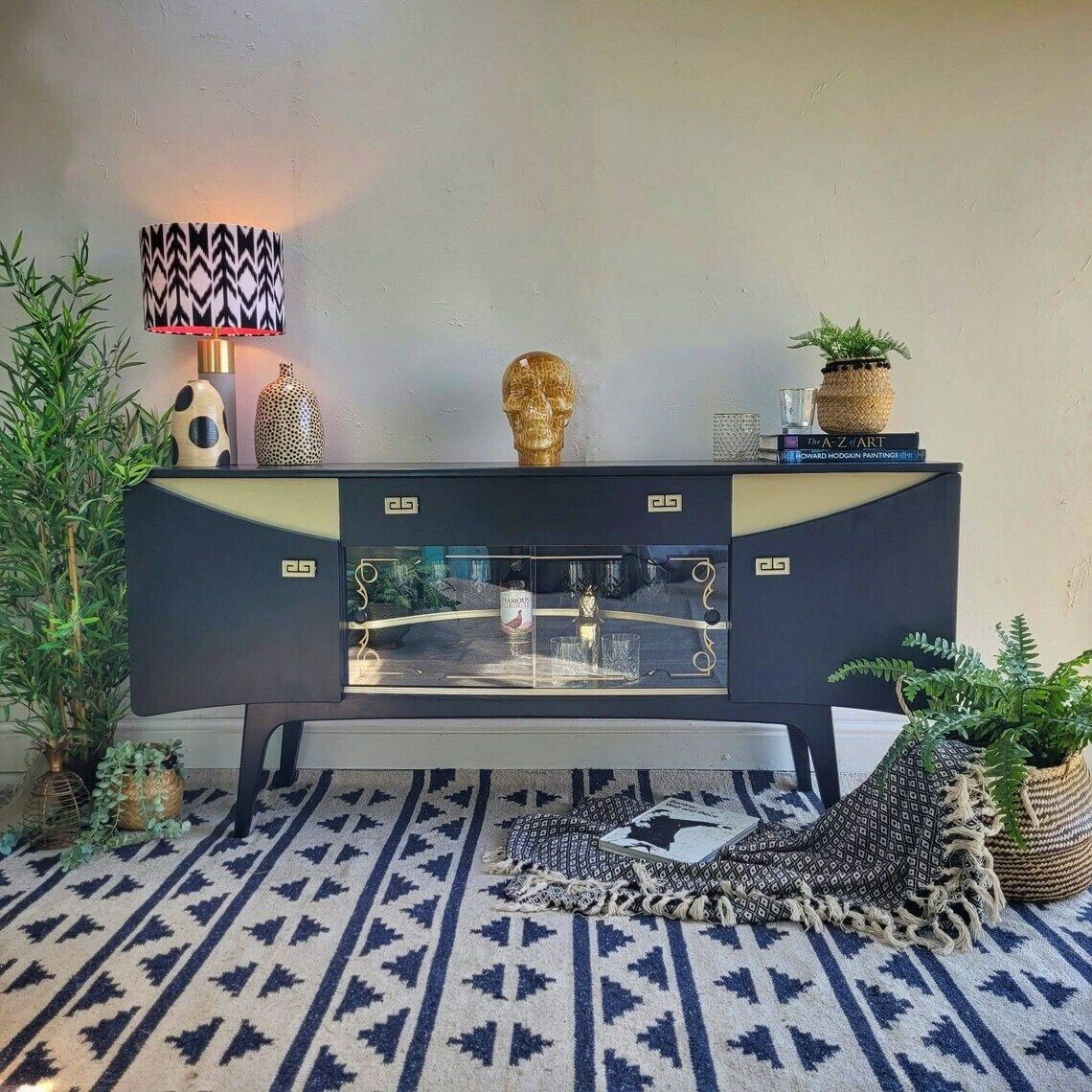 Sideboard  Drinks Cabinet  Cocktail Cabinet  Black  Gold  Retro  Mid Century Modern  Vintage  Display Cabinet  Hand Painted