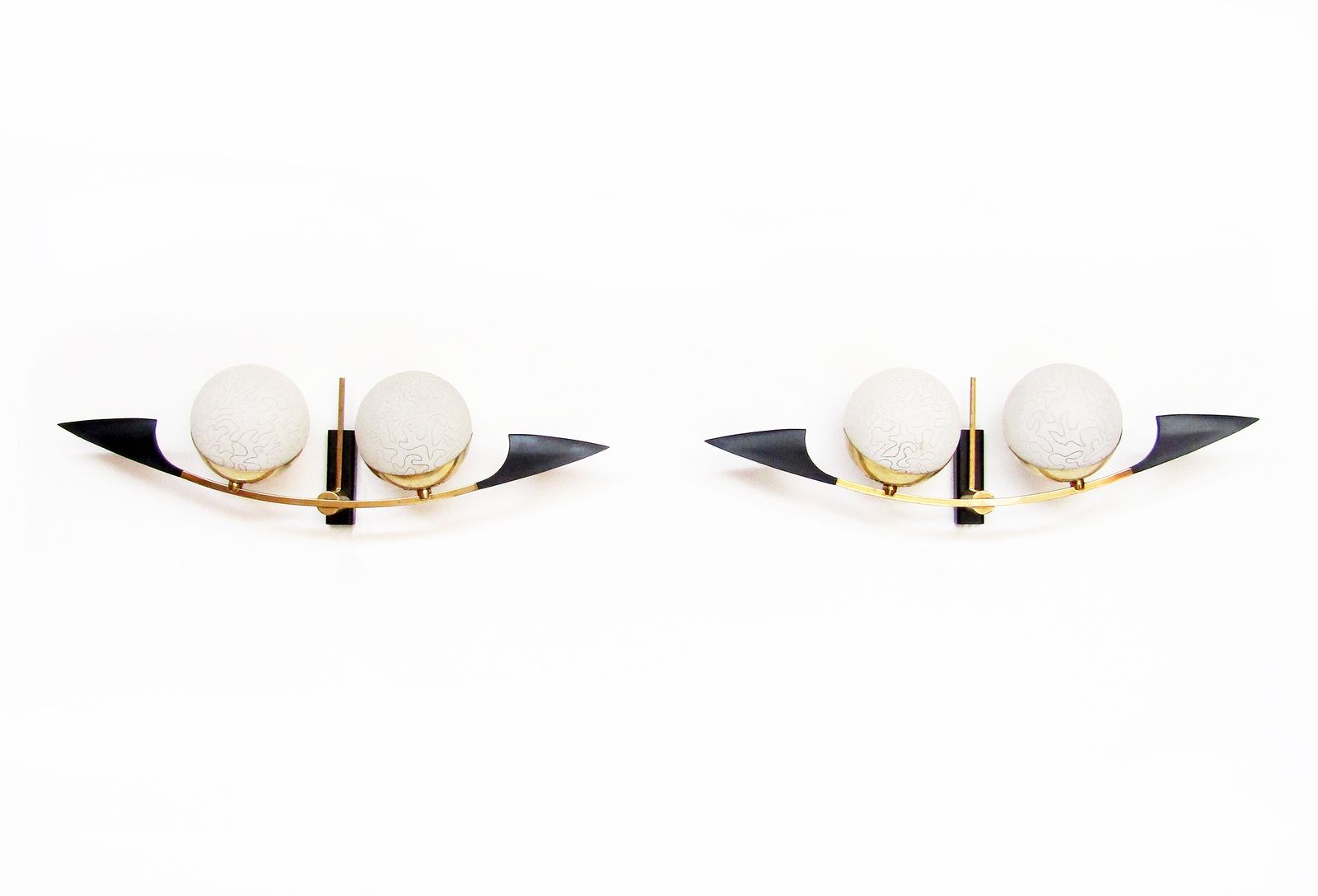 Pair Of Large 1960s French Etched Globe Madmen Sconces By Maison Arlus C.1960