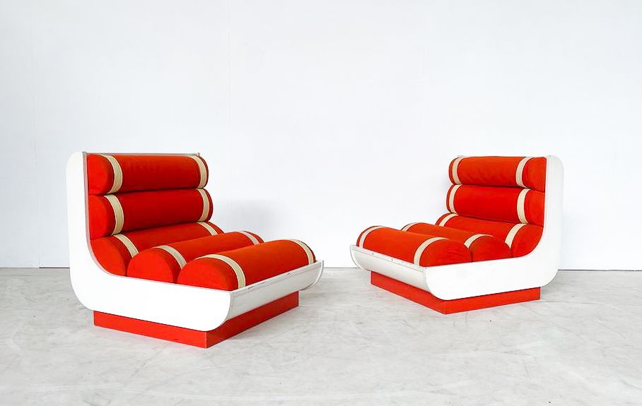 Pair Of Red Italian Mid Century Modern Armchairs