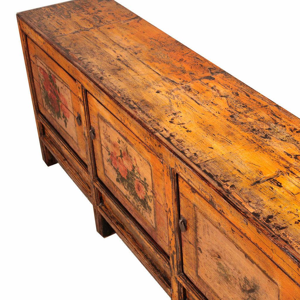 Orange Vintage Sideboard With Hand Painted Peony Detail photo furniture