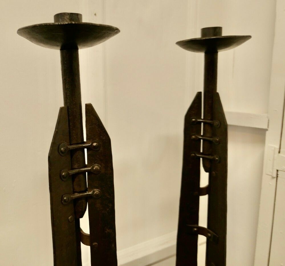 Set Of 4 Hand Forged Iron 5ft Floor Standing Cathedral Candle Sticks, photo vinterior
