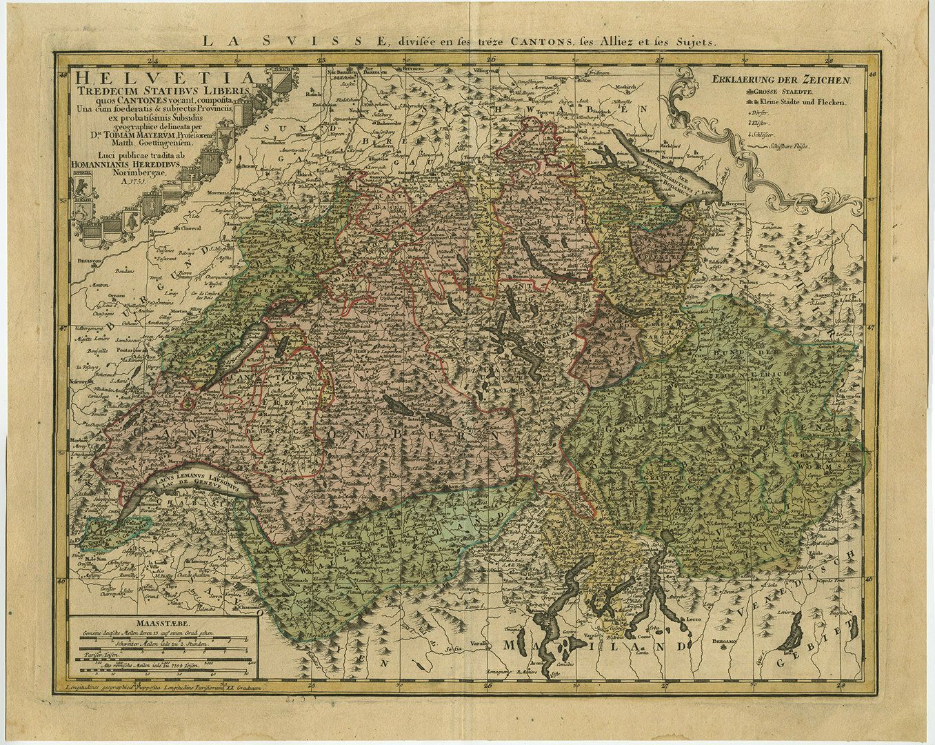 Original Antique Map Of Switzerland Colored By Canton