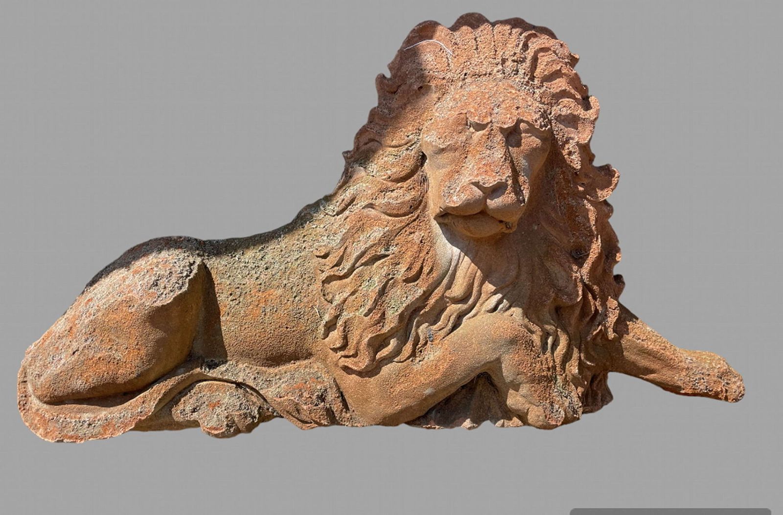 Pair Of Weathered Terracotta Lion Garden Ornaments photo Garden Decor