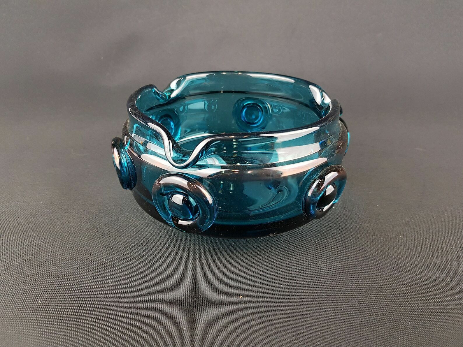 Vintage 1960 70s Prachen Glass Turquoise Design Bowl With 3d Decor By Josef Hospodka