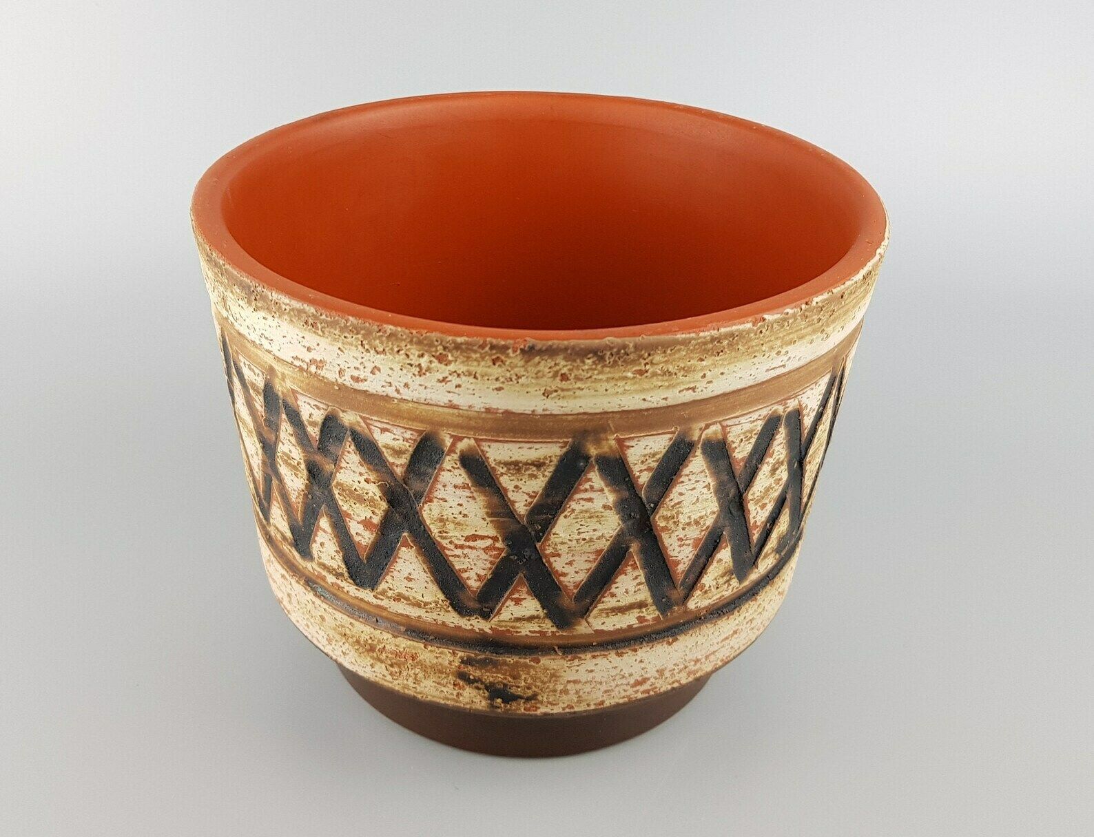 Vintage Dumler And Breiden Keramik Brown And Beige Flower Pot Planter With Incised Pattern West German Pottery 1950s photo for sale