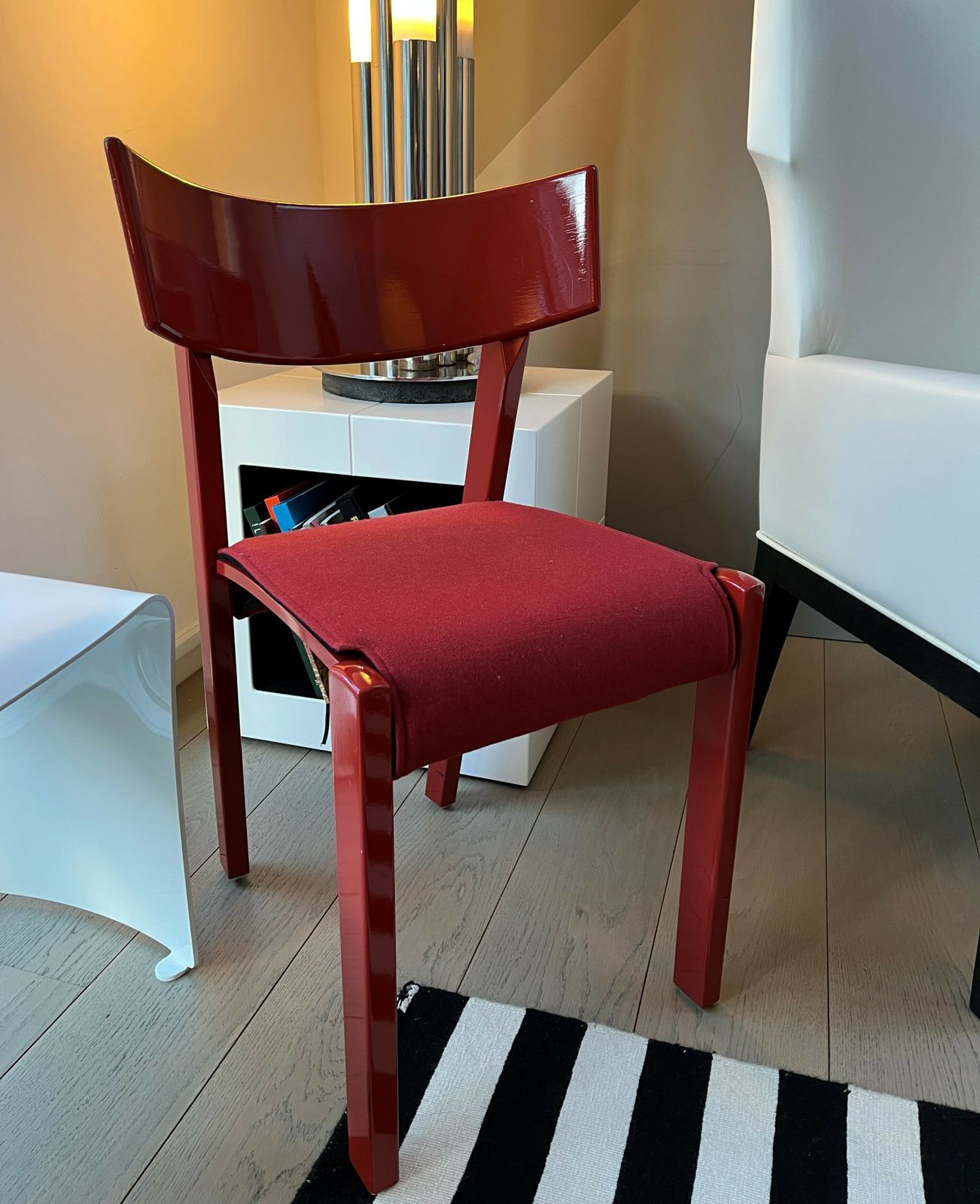 Vintage Red Lacquered Felt Fabric Chairs | Mid Century Design | Seating For Home & Office Use photo furniture
