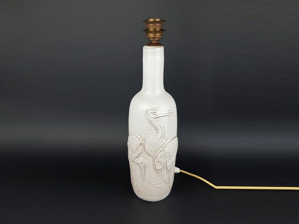 Vintage Mobach Keramiek Beige White Lamp With Heron Decor Dutch Pottery