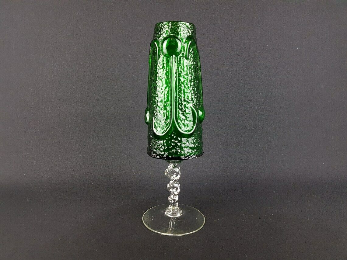 Vintage Stelvia Emerald Green Textured Glass Twist Stem Vase Chalice Antiqua Range By Wayne Husted 1960s Italy Empoli
