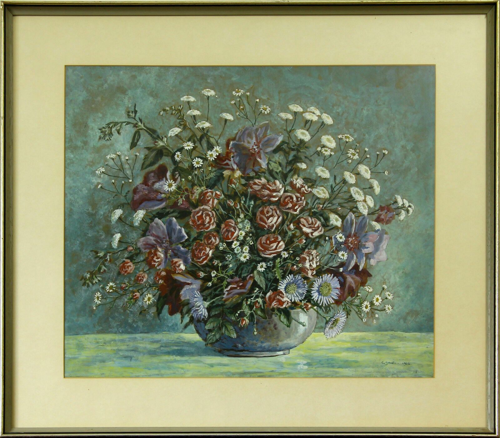 Watercolour By Cecil Charles Ernest Jones. Roses, Daisies And Chrysanthemums