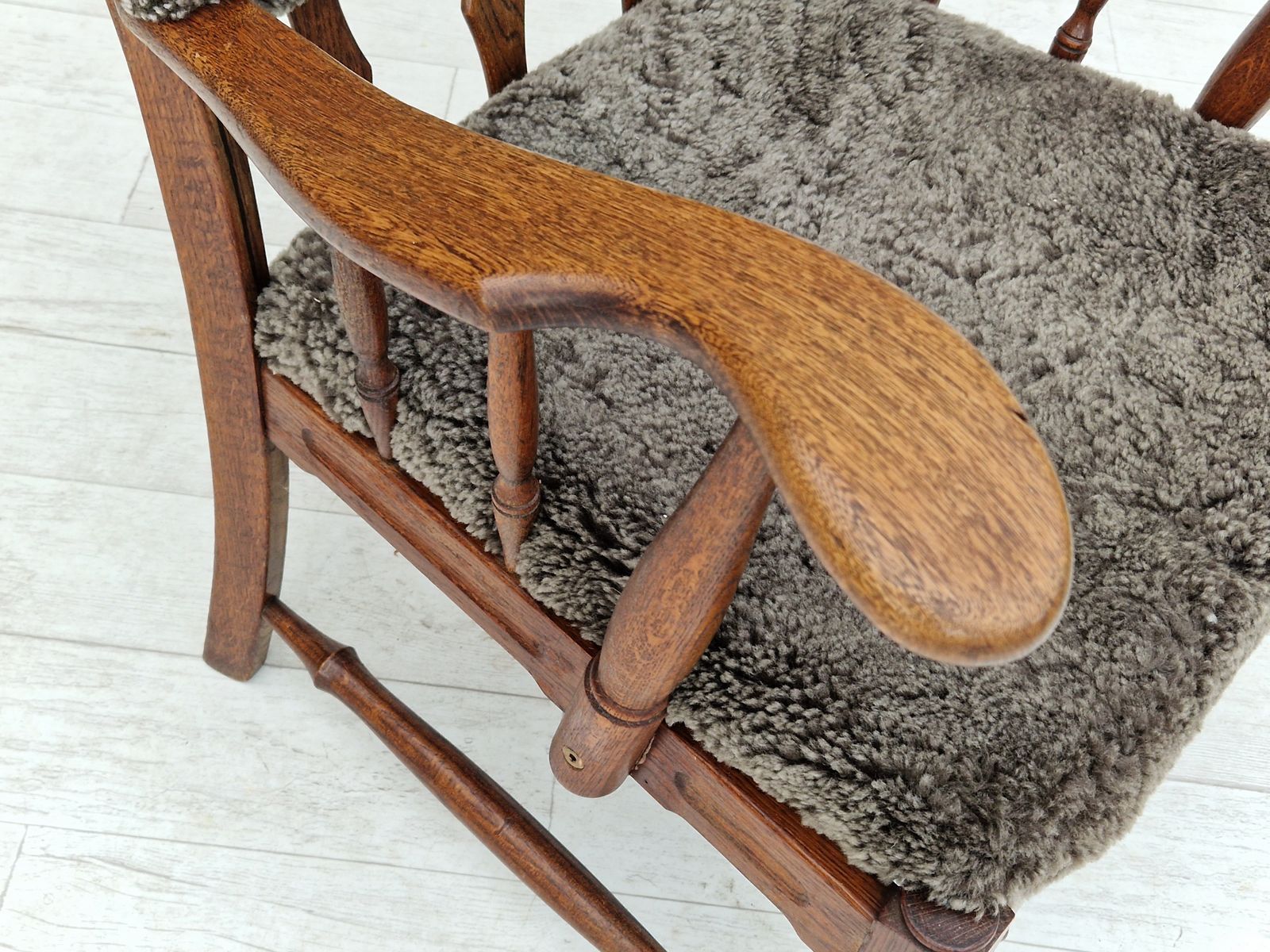 1960s, Danish Design, Renovated Reupholstered High Back Ear Flap Chair, Sheepskin, Oak Wood. photo vintage