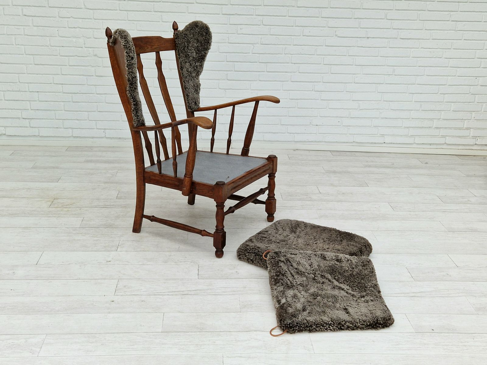 photo buy 1960s, Danish Design, Renovated Reupholstered High Back Ear Flap Chair, Sheepskin, Oak Wood.