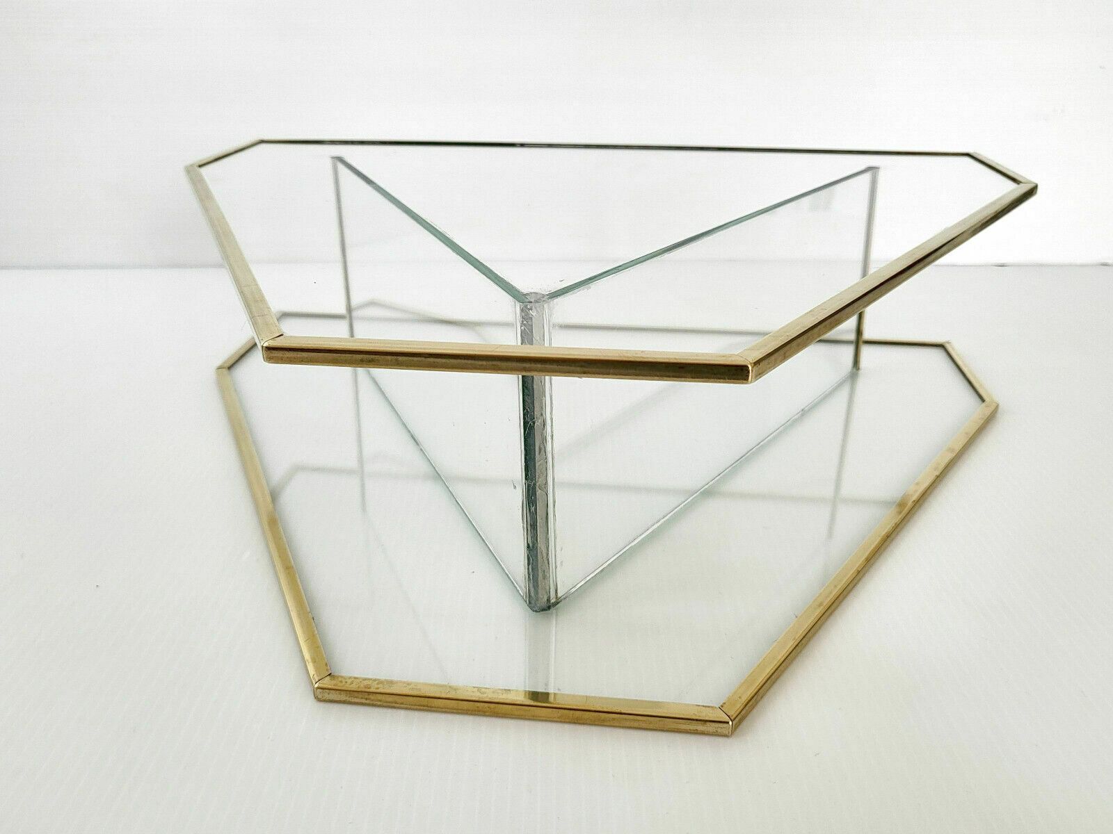 Magnificent Vintage Vase 1980 In Glass & Gold Brass Triangular Shape 80s 1980s photo vinterior
