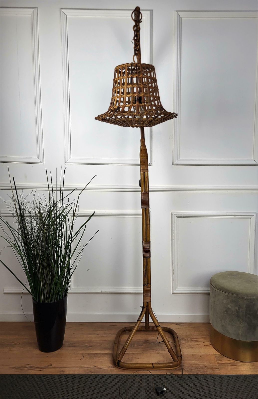1960s Italian Bamboo Rattan Bohemian Modernist Tall Floor Lamp Hanging Lantern photo Lighting