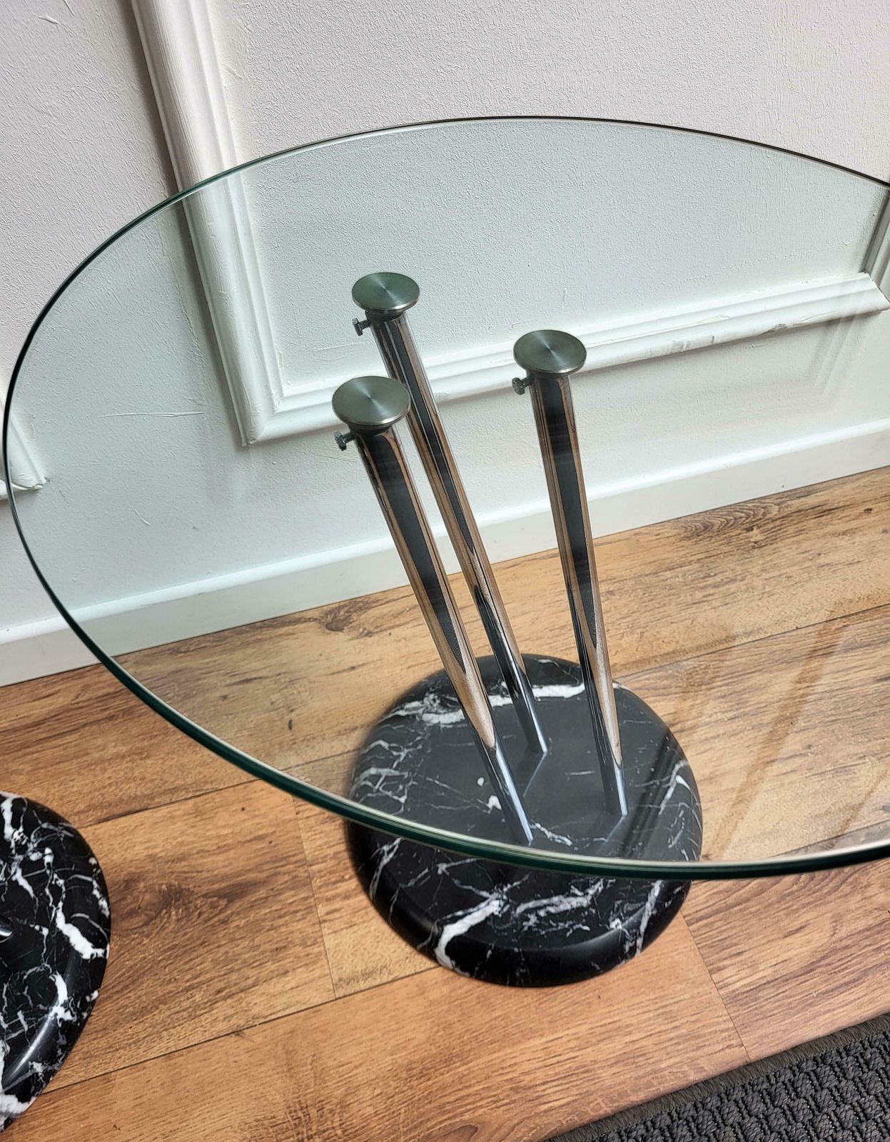 Pair Of Italian Black Marble Base Metal Glass Top Side Tables Or Bedside Tables photo vinterior