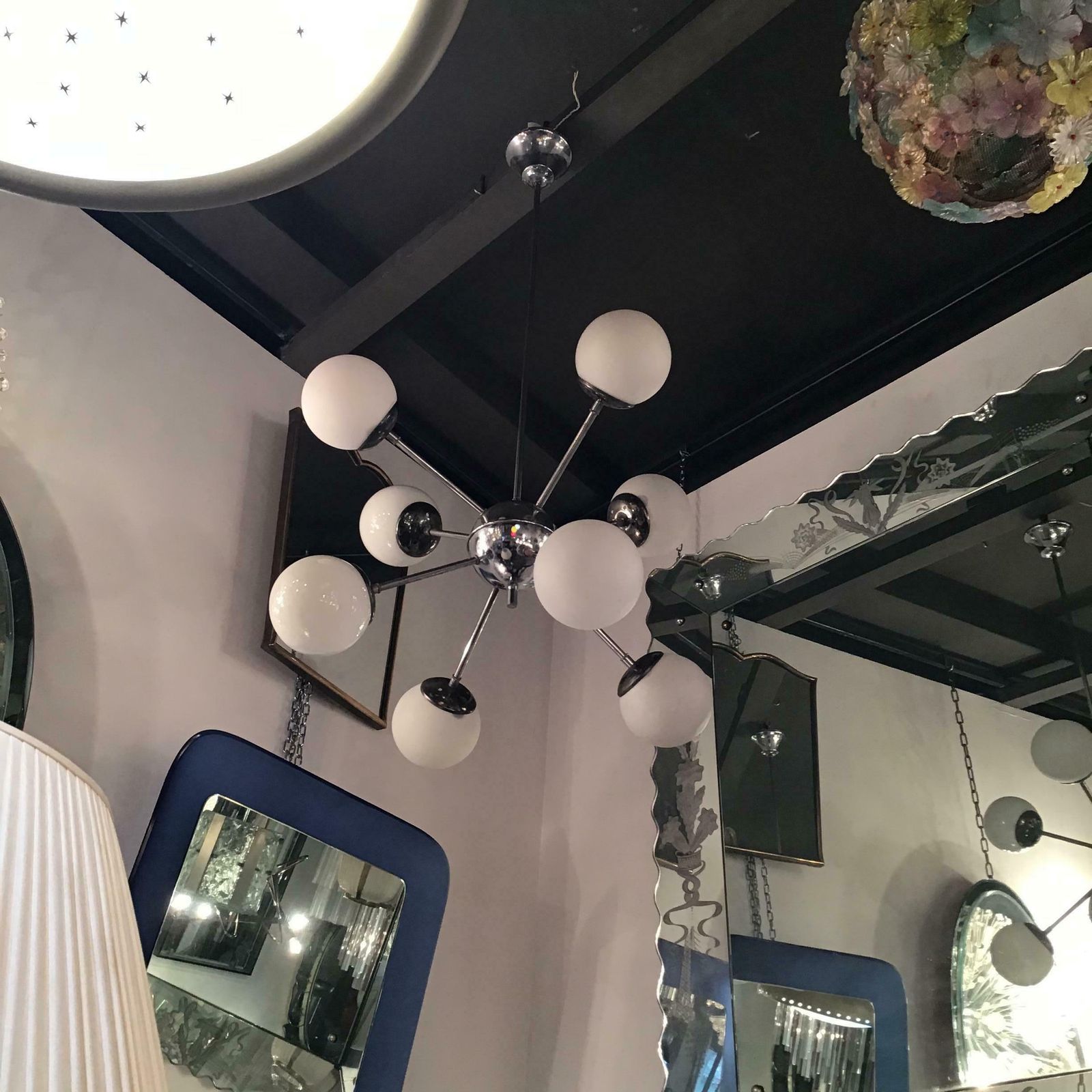 Stilnovo Chandelier 8 Light Metal Crome Opal Glass Or Shiny Glass 1958 Italy photo Lighting