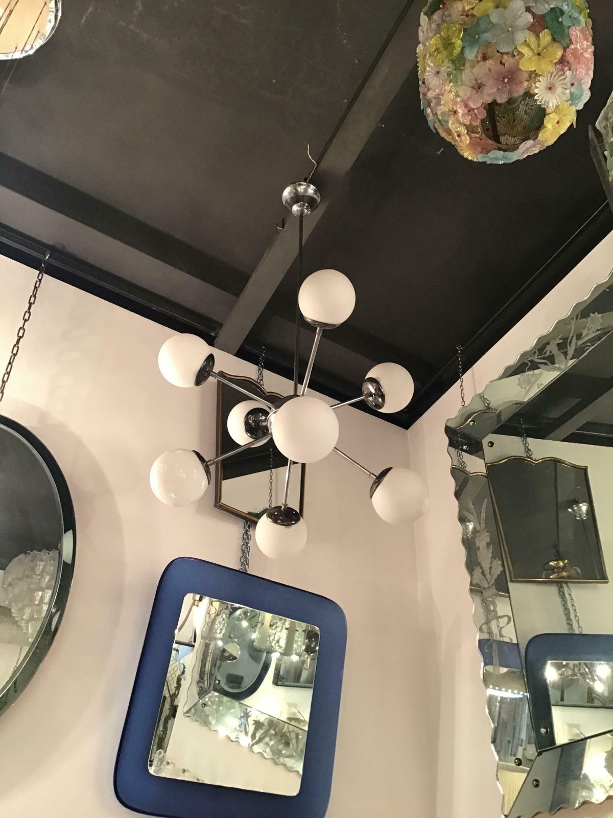 photo for sale Stilnovo Chandelier 8 Light Metal Crome Opal Glass Or Shiny Glass 1958 Italy