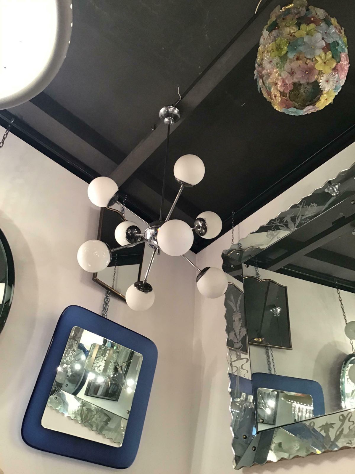 2197.0 Stilnovo Chandelier 8 Light Metal Crome Opal Glass Or Shiny Glass 1958 Italy photo