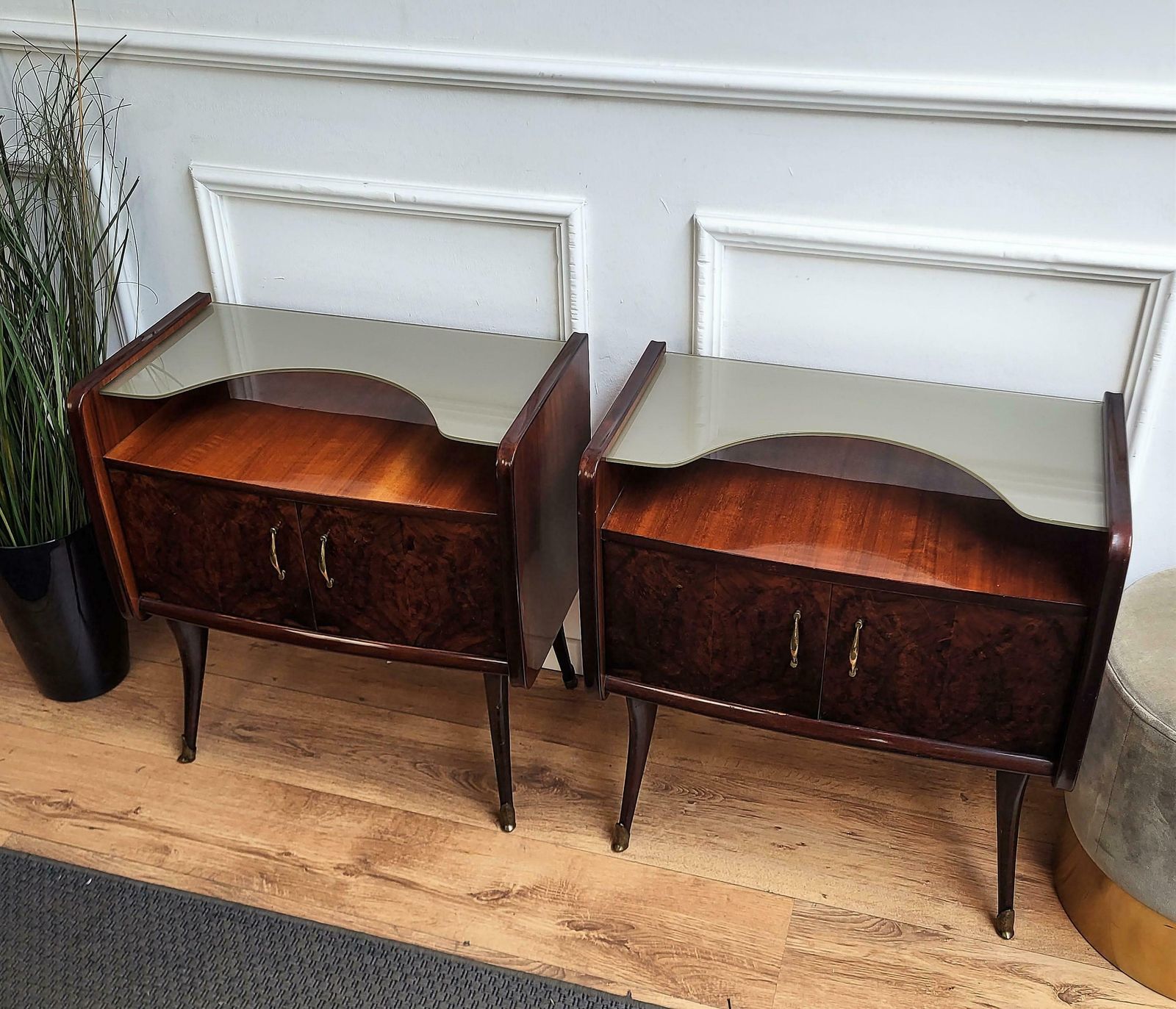 Italian Midcentury Art Deco Night Stands Bedside Tables Wood Brass & Glass photo for sale