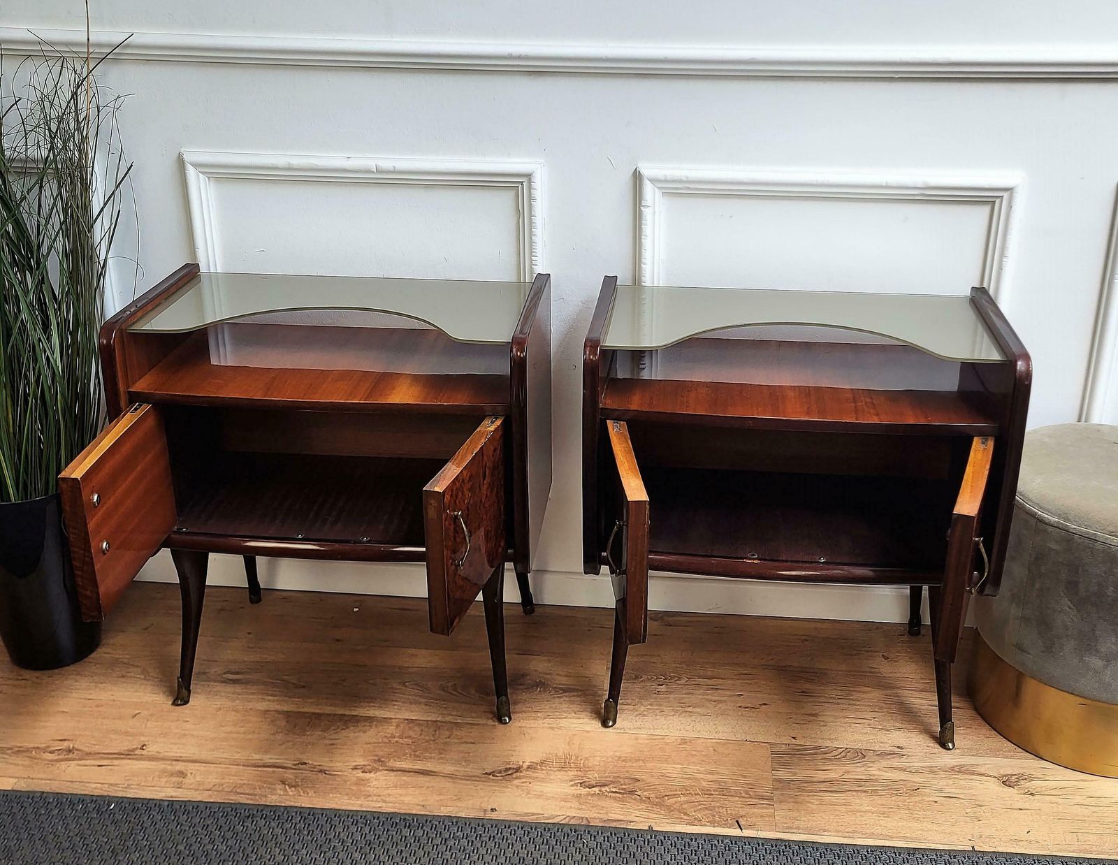 Italian Midcentury Art Deco Night Stands Bedside Tables Wood Brass & Glass photo Furniture