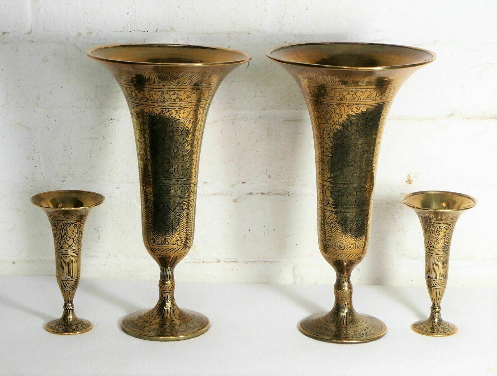 Antique Indian Brass Vases Mixed Set Of 4 Bronze Patina Bells photo for sale