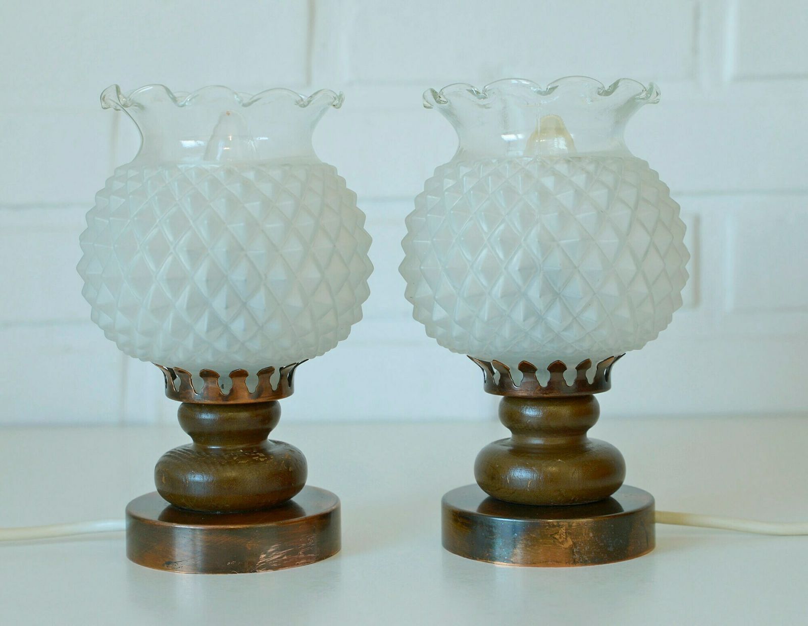 Pair Of Charming Desk Lamp / Vintage Bedside Lamps / Wood And Copper Table Lamps / Pineapple Glass Shade photo furniture