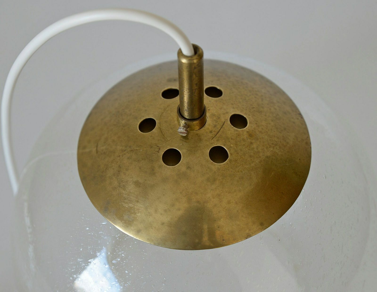 photo for sale Vintage Brass And Bubble Glass Pendant Lamp / 1980s Light Fixture / Mid Century Modern Globe Ceiling Light