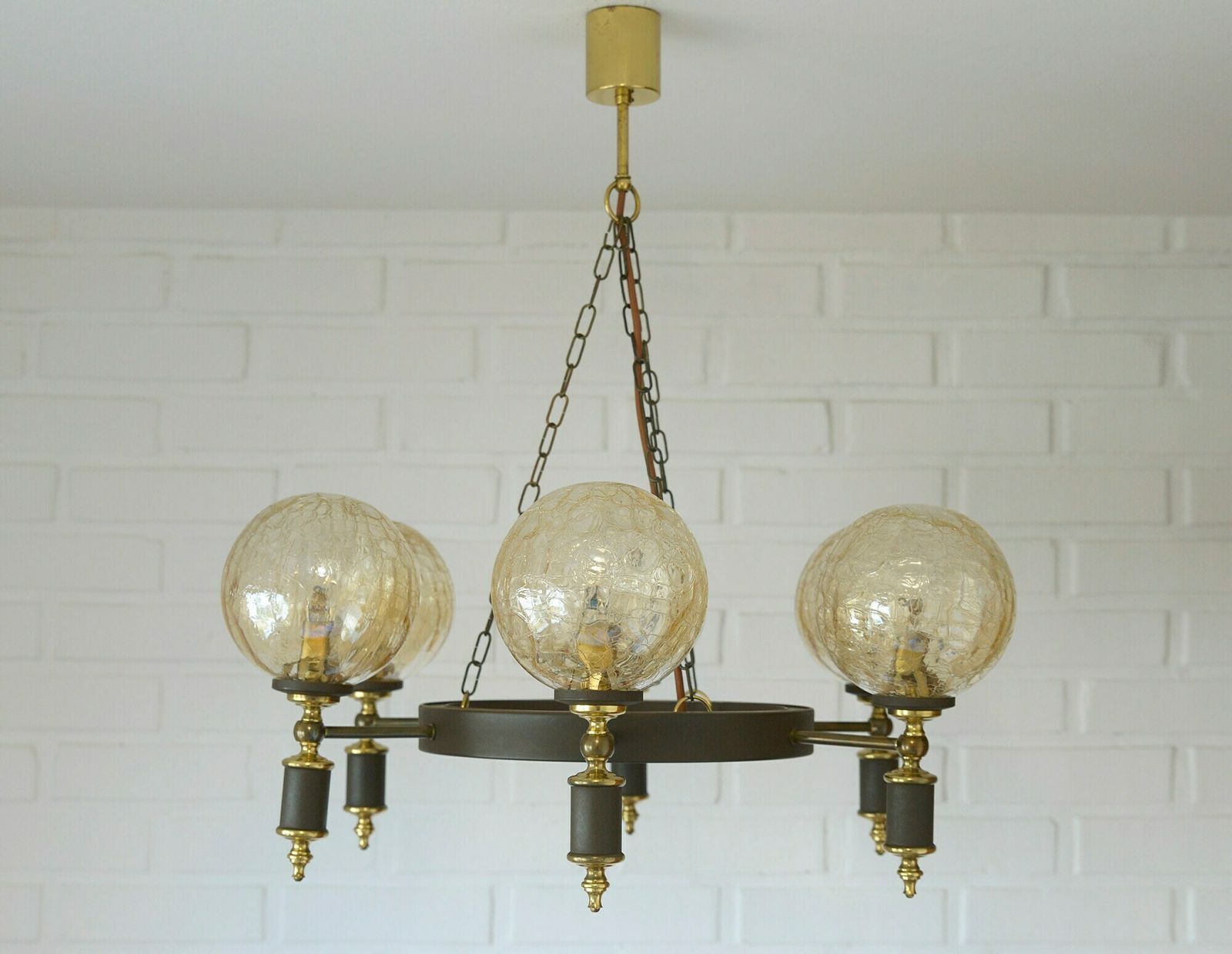 Vintage Castle Chandelier / Rustic Pendant Light / Six Arms Hanging Lamp / Ceiling Light / Yugoslavia 70's / Amber Glass photo for sale