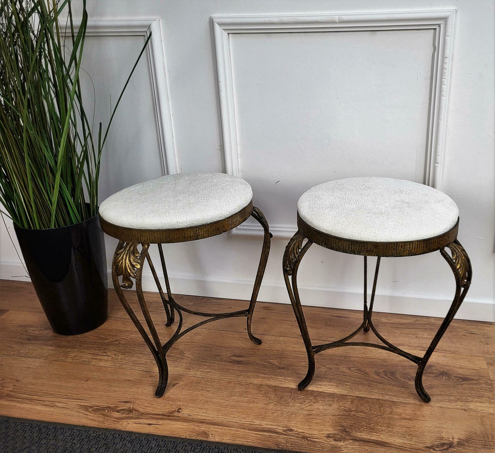 Pair Of Mid Century Italian Brass And White Upholstery Tripod Stools Bench photo furniture