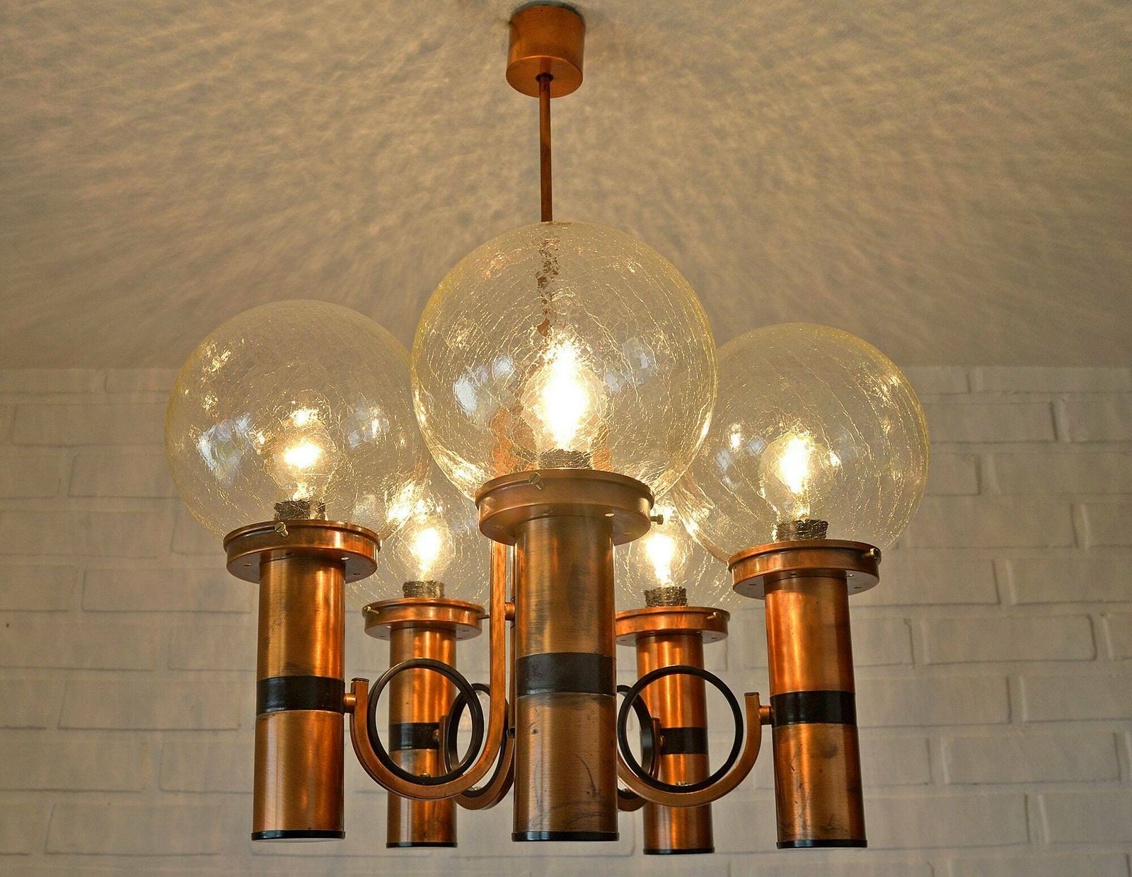 Large Vintage Copper Pendant Lamp / 1980's Brutalist Light Fixture / Mid Century Modern Chandelier
