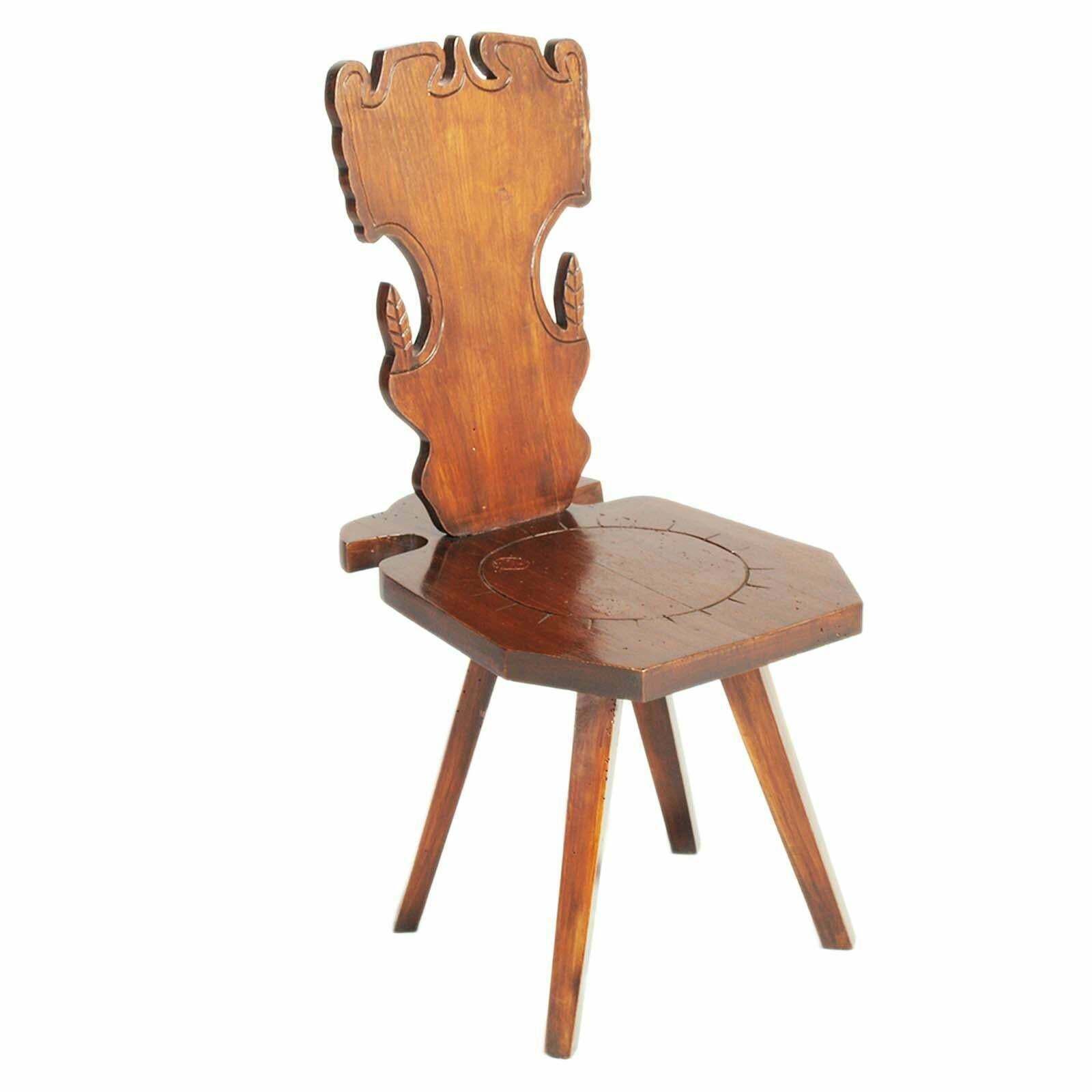Early 1900s Pair Antique Tyrolean Stool Chair In Hand Carved Walnut Wax Polished photo for sale