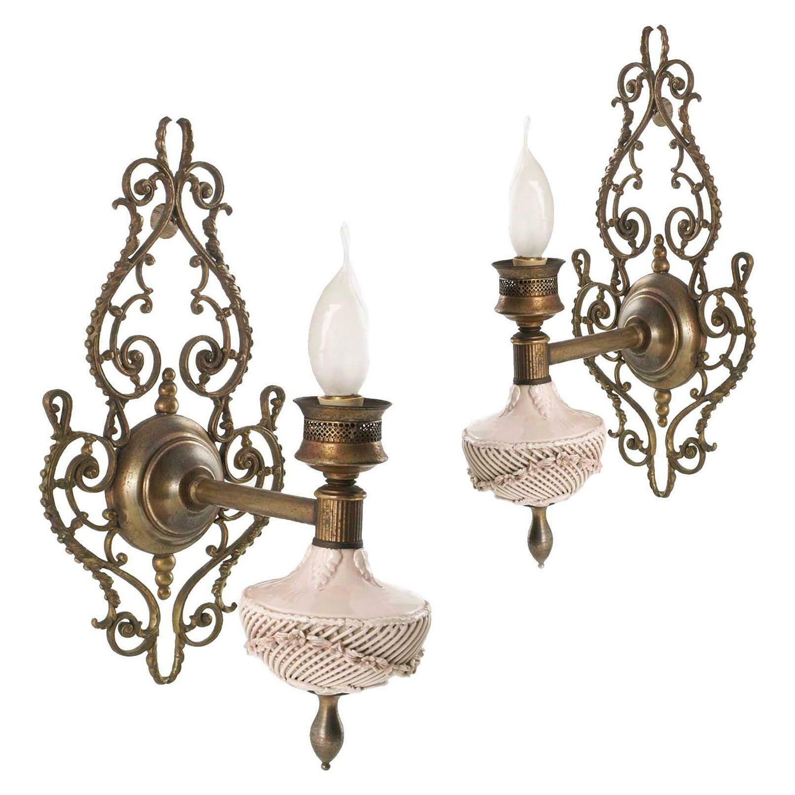 Art Nouveau Venetian Wall Lights Pink Porcelain From Bassano Brass And Bronze