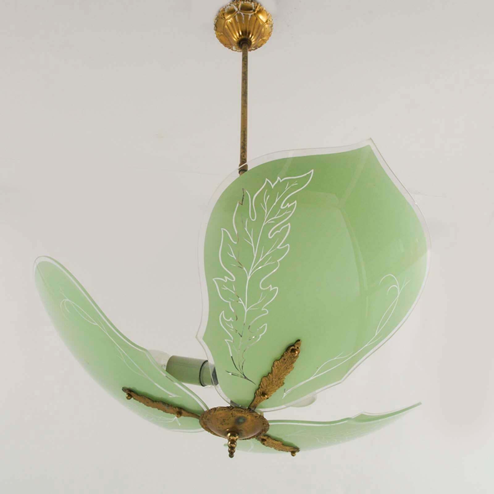 Art Decò 1920s Pendant Chandelier, Murano Glass Green Decored , Gilt Brass photo furniture