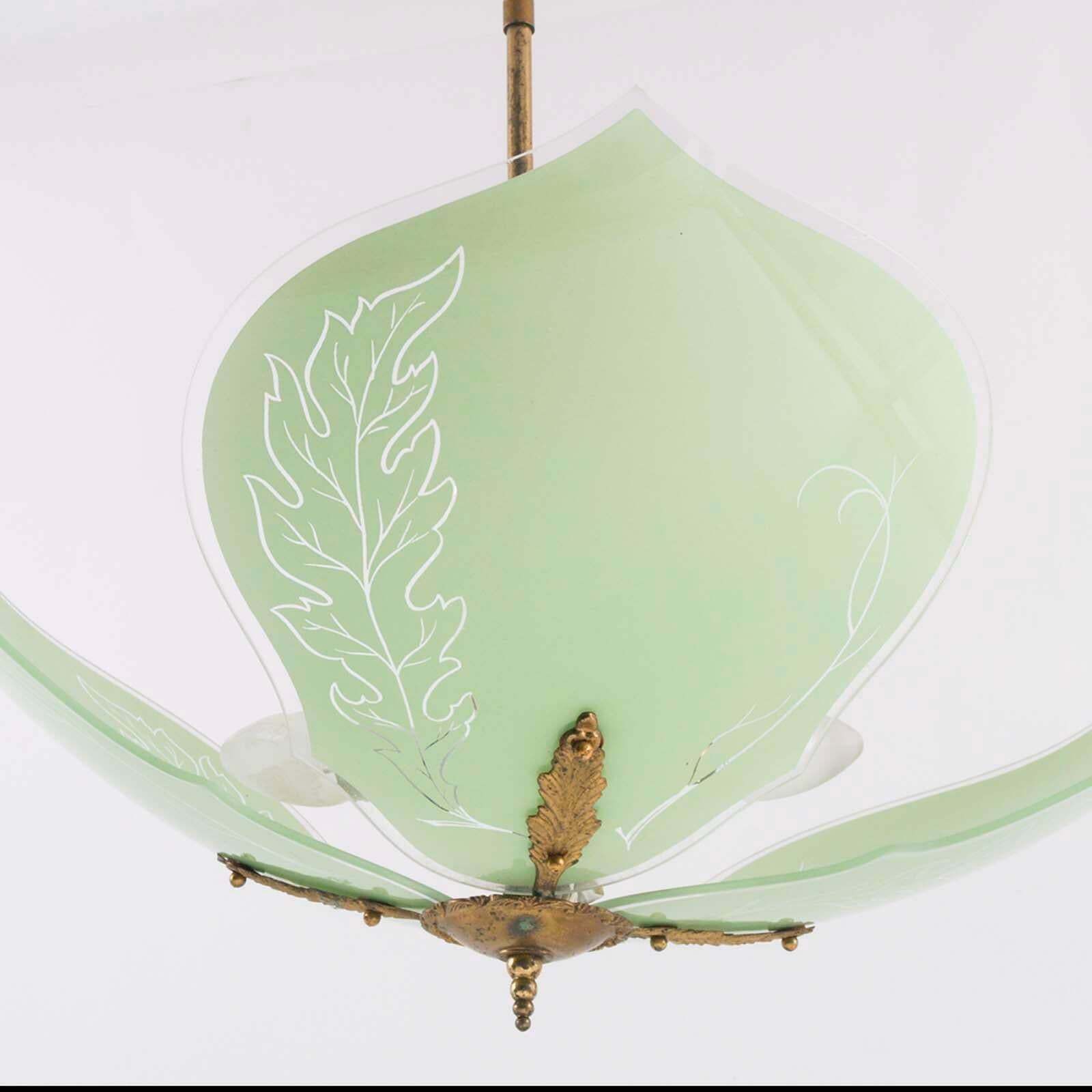Art Decò 1920s Pendant Chandelier, Murano Glass Green Decored , Gilt Brass photo vinterior