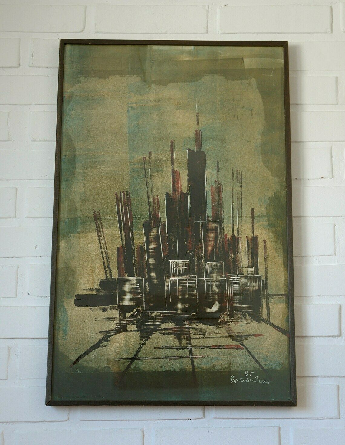 Vintage Abstract Painting Original / Architecture Wall Art / Yugoslavia 1980's / Mid Century Modern photo Art