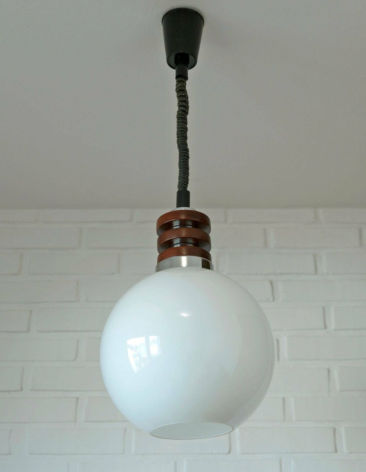White Vintage Pendant Light / Mid Century Modern / Space Age Glass Light Fixture / Yugoslavia 1970s photo furniture