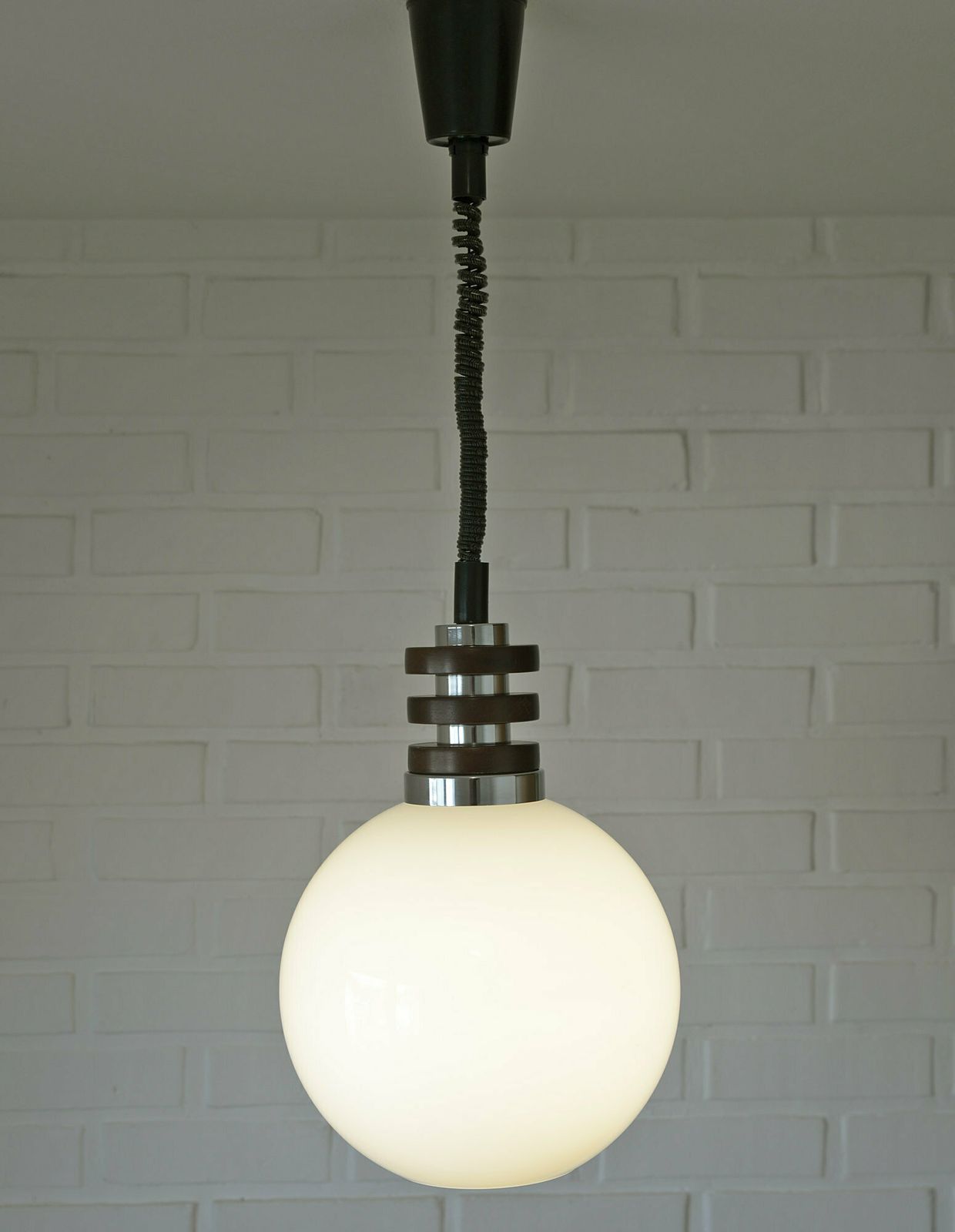 White Vintage Pendant Light / Mid Century Modern / Space Age Glass Light Fixture / Yugoslavia 1970s photo for sale