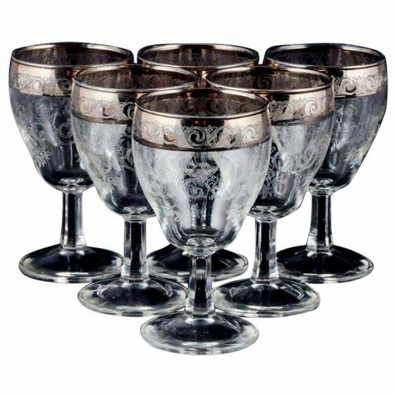 Murano, Italy, Six Mouth Blown And Engraved Port Wine Glasses With Silver Rim