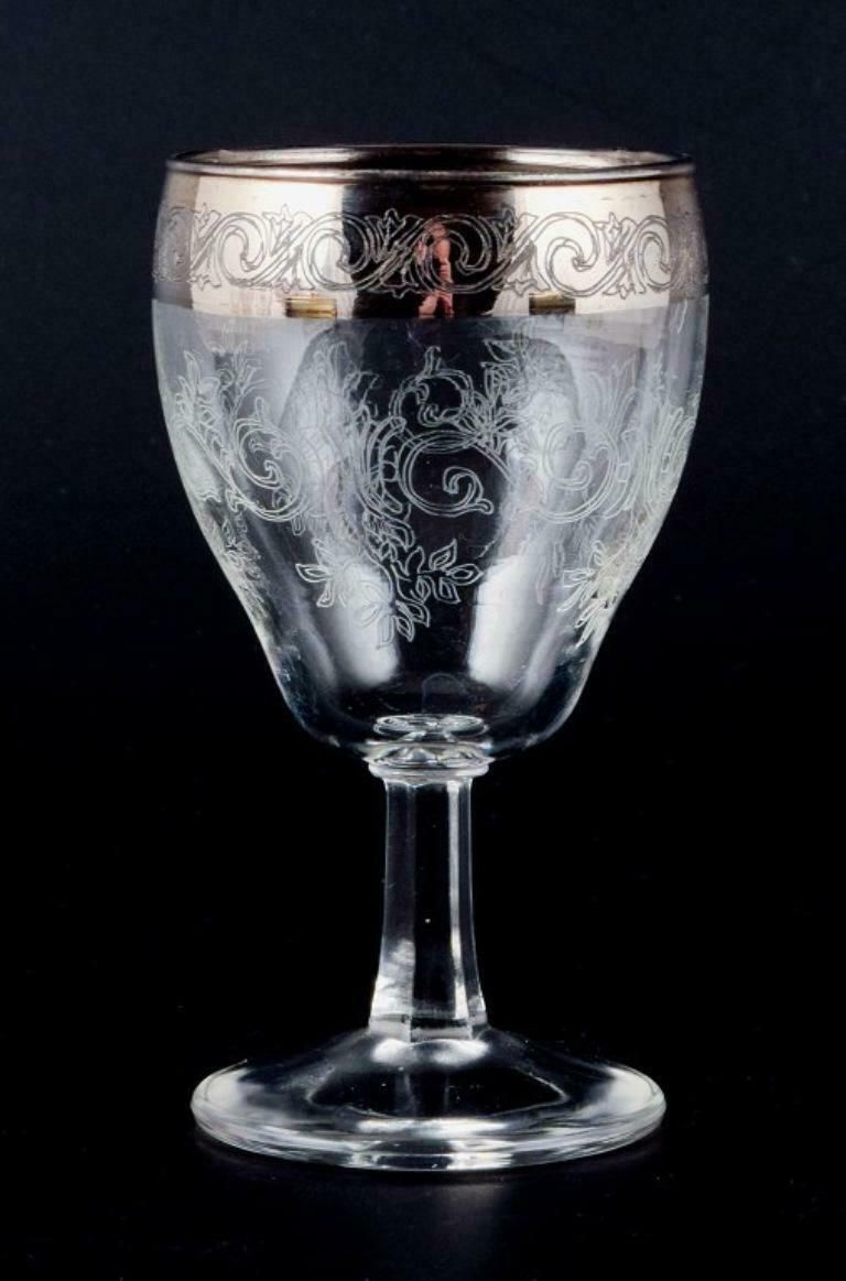 Murano, Italy, Six Mouth Blown And Engraved Port Wine Glasses With Silver Rim photo for sale