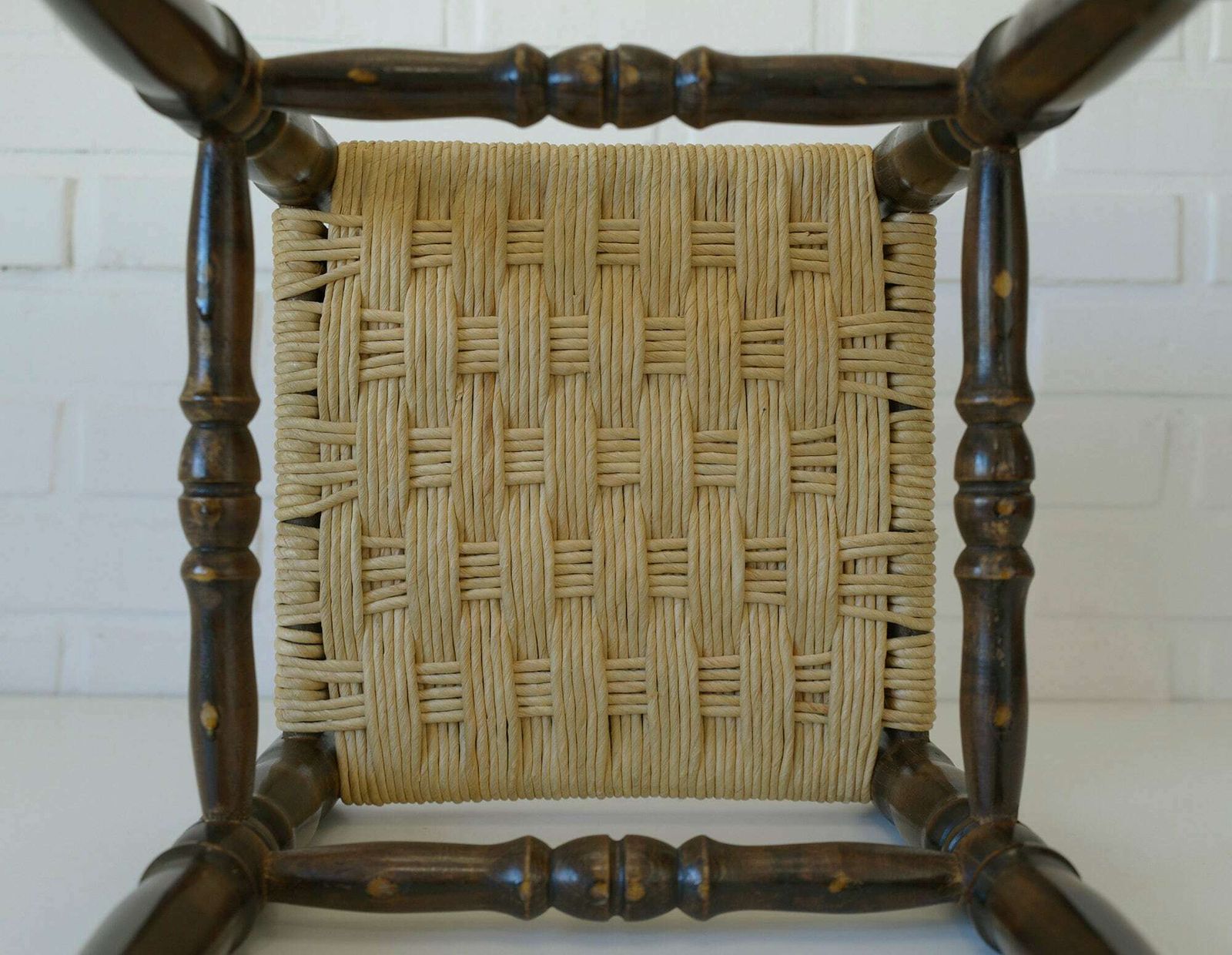 photo furniture Vintage Rustic Stool / Wooden Ottoman Footstool / Mid Century Wicker Bench From 60's