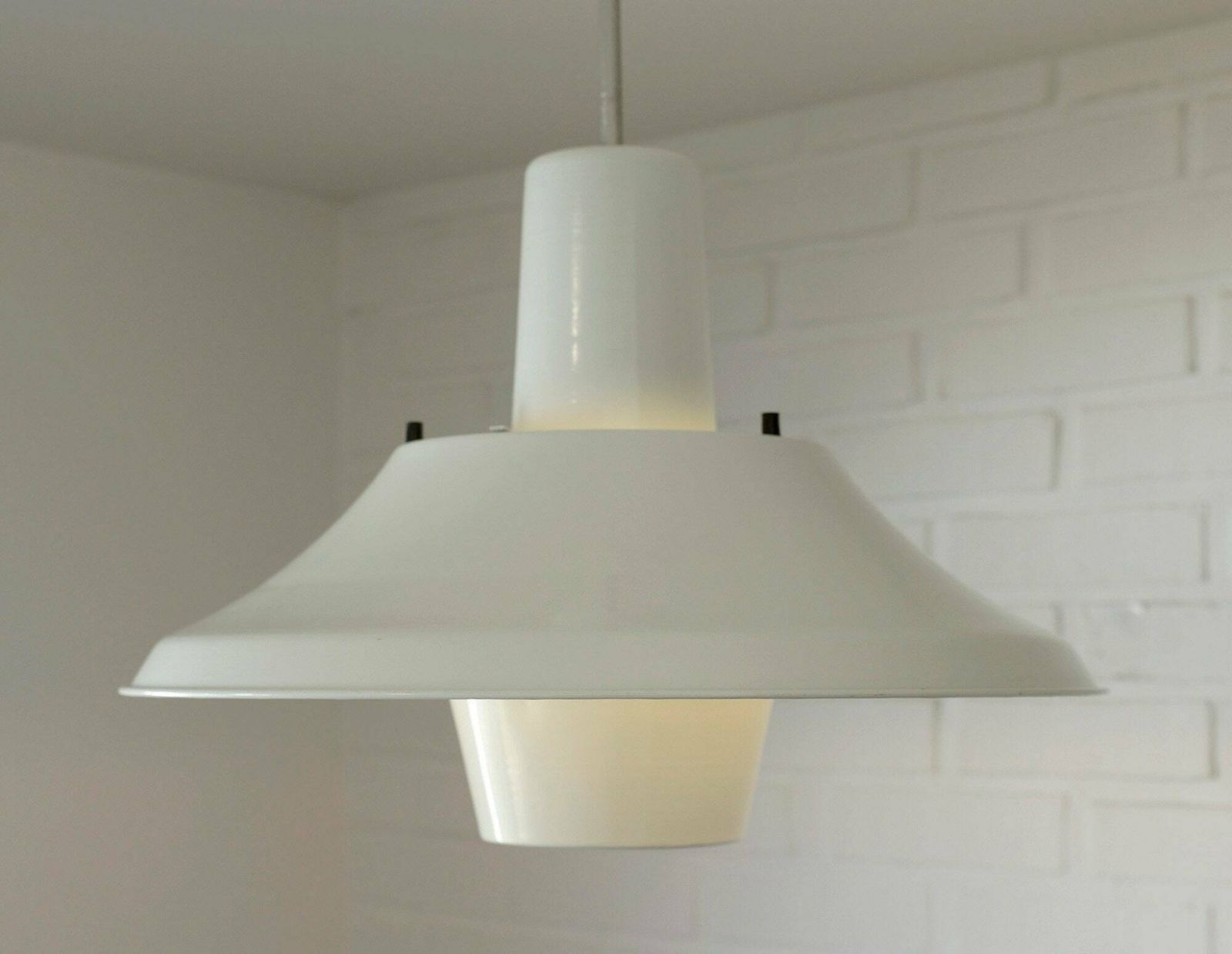 1 Of 2 Vintage Trumpet White Pendant Light / Mid Century Modern / Industrial School Chandelier / Made In Yugoslavia 70's