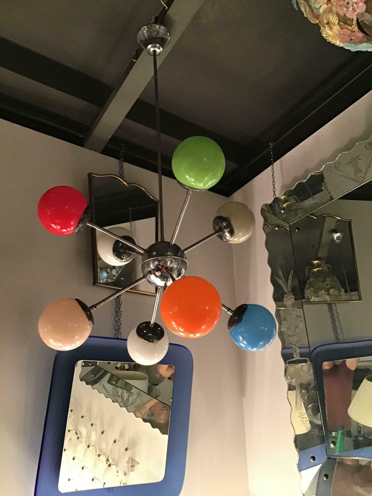 Lighting Stilnovo Chandelier 8 Light Metal Crome Opal Glass Or Shiny Glass 1958 Italy photo