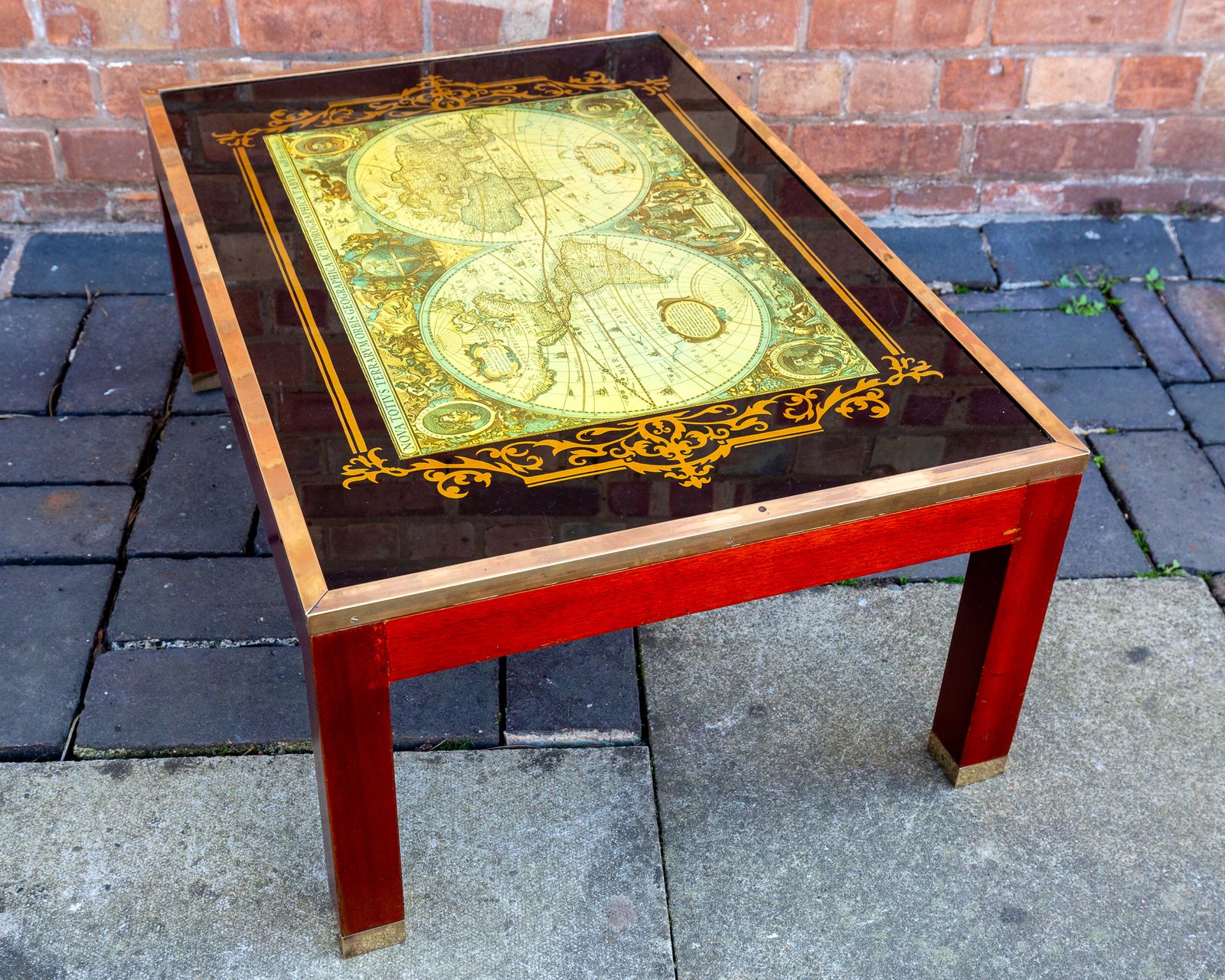 World Map Coffee Table Large Campaign Style Mid Century Atlas Glass Brass Mahogany Military Mcm 1960s photo for sale