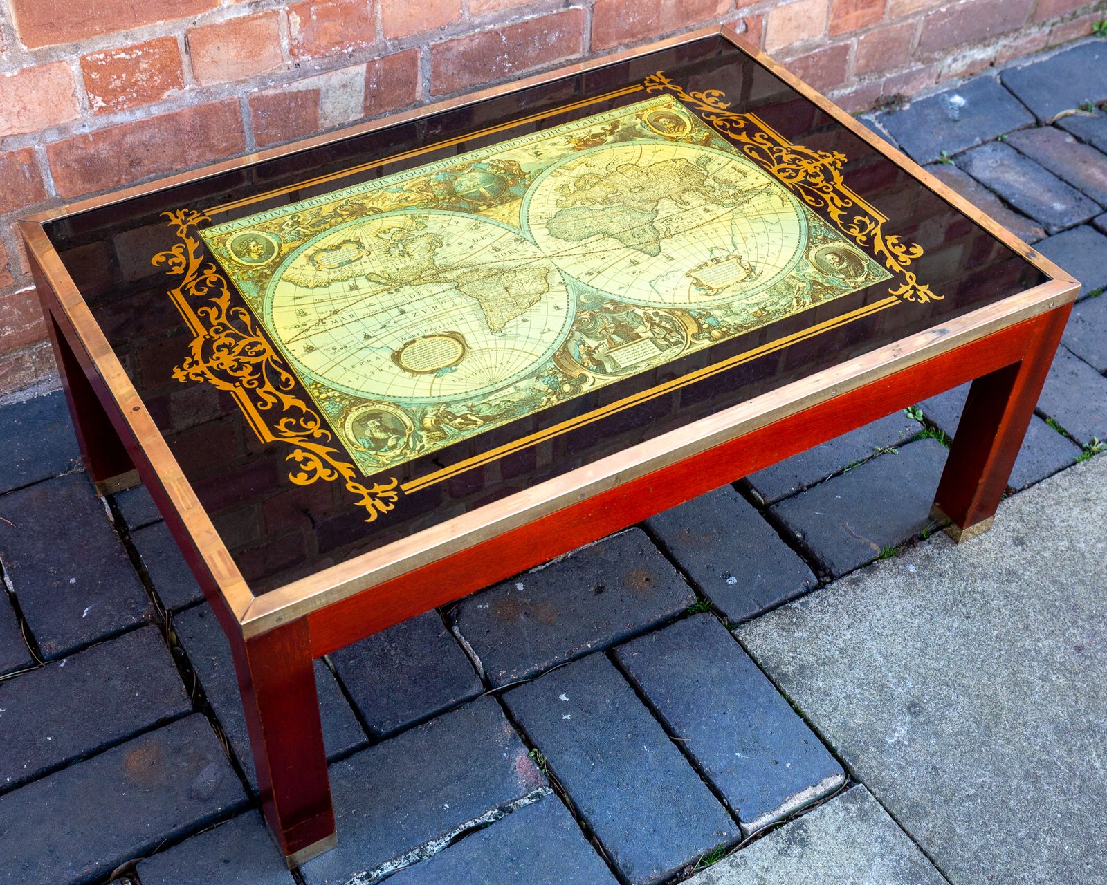 World Map Coffee Table Large Campaign Style Mid Century Atlas Glass Brass Mahogany Military Mcm 1960s photo 750.0