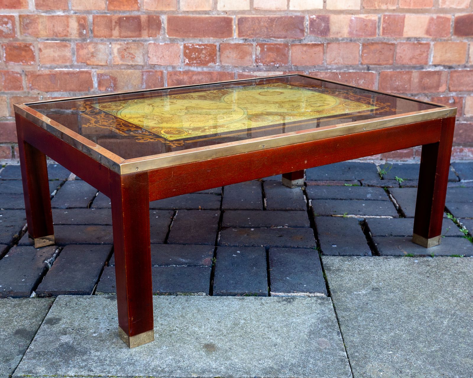 photo furniture World Map Coffee Table Large Campaign Style Mid Century Atlas Glass Brass Mahogany Military Mcm 1960s