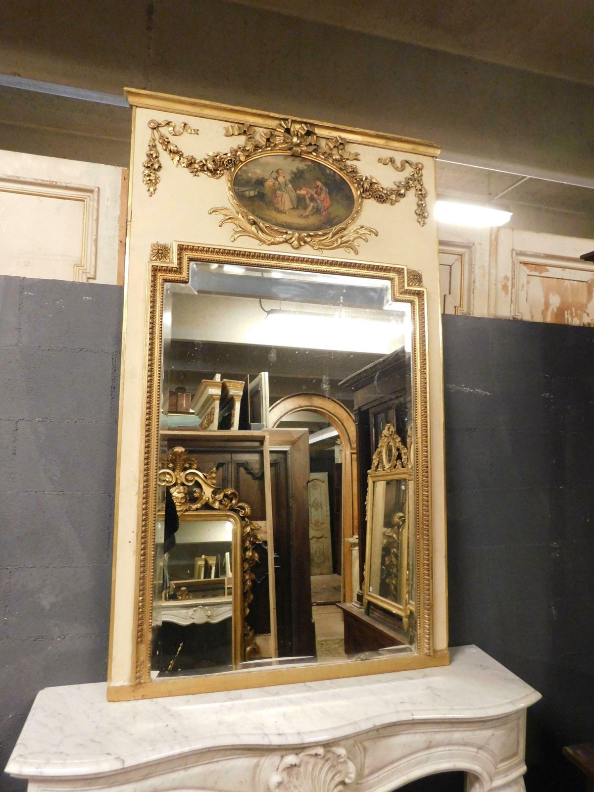 Antique Gilded And Hand Lacquered Mirror, With Painting, 19th Century, Italy. photo furniture
