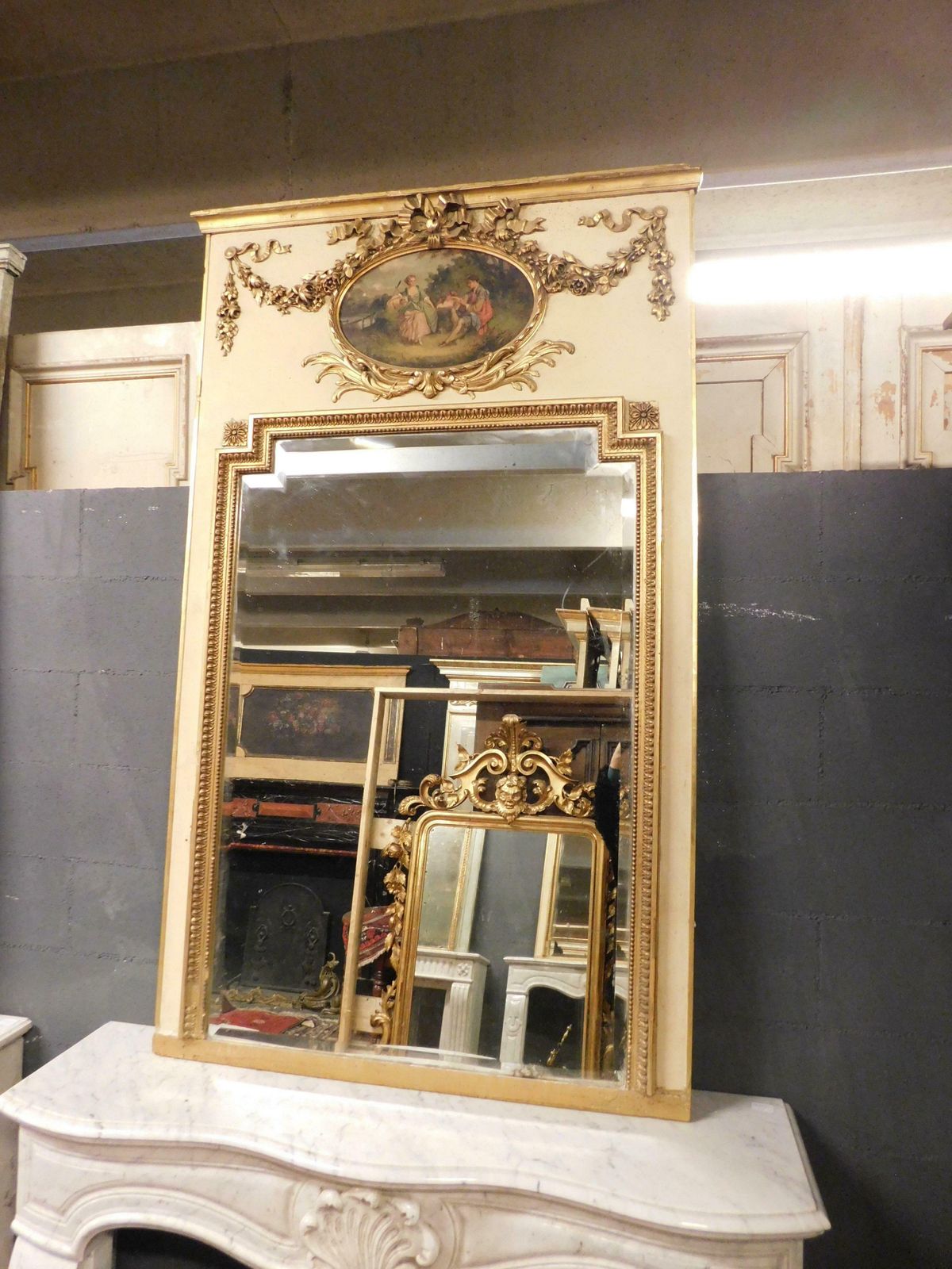 Antique Gilded And Hand Lacquered Mirror, With Painting, 19th Century, Italy. photo Home Decor