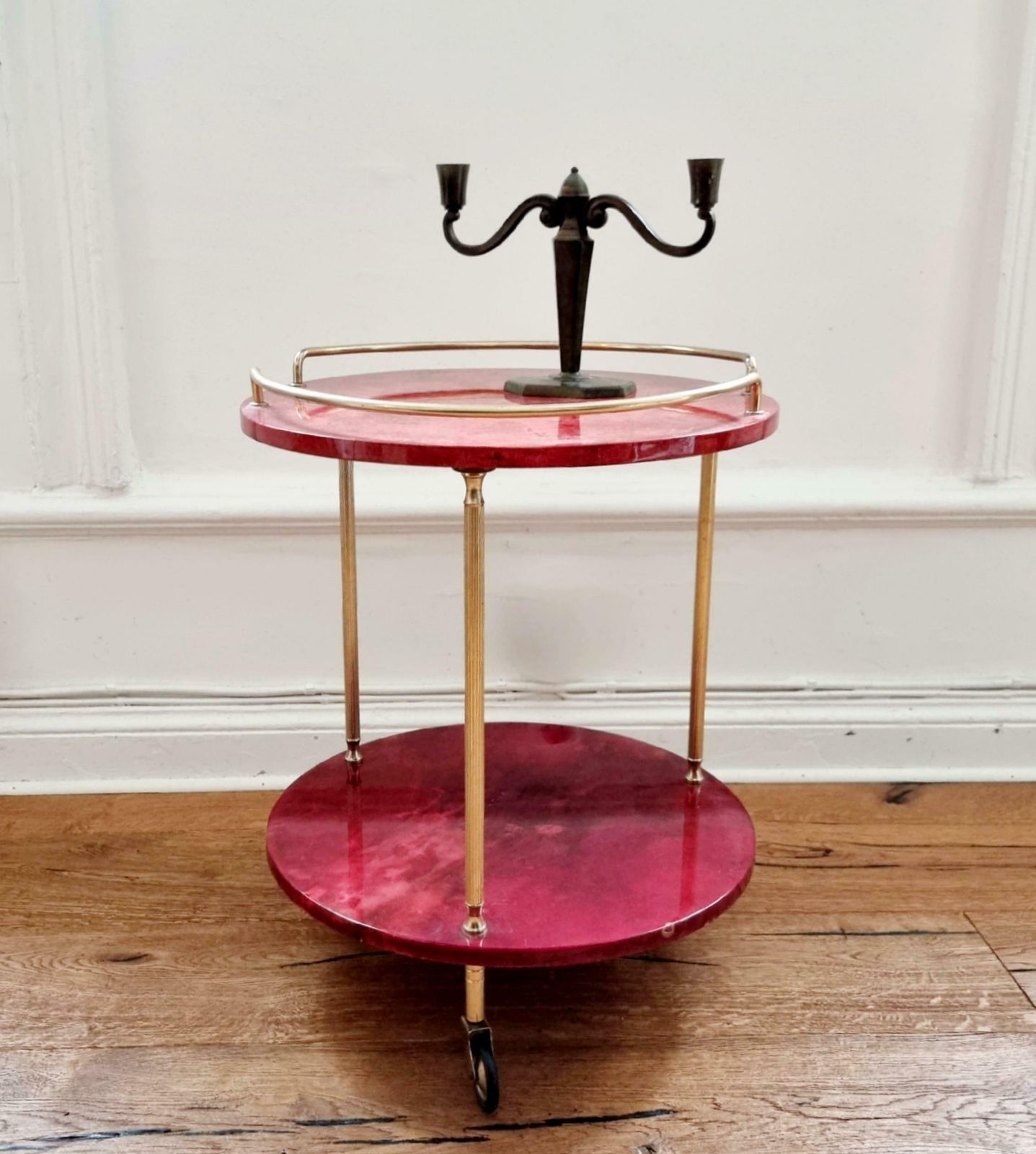 Aldo Tura, Bar Cart, Red Goatskin, Italian Midcentury / Hollywood Regency photo for sale