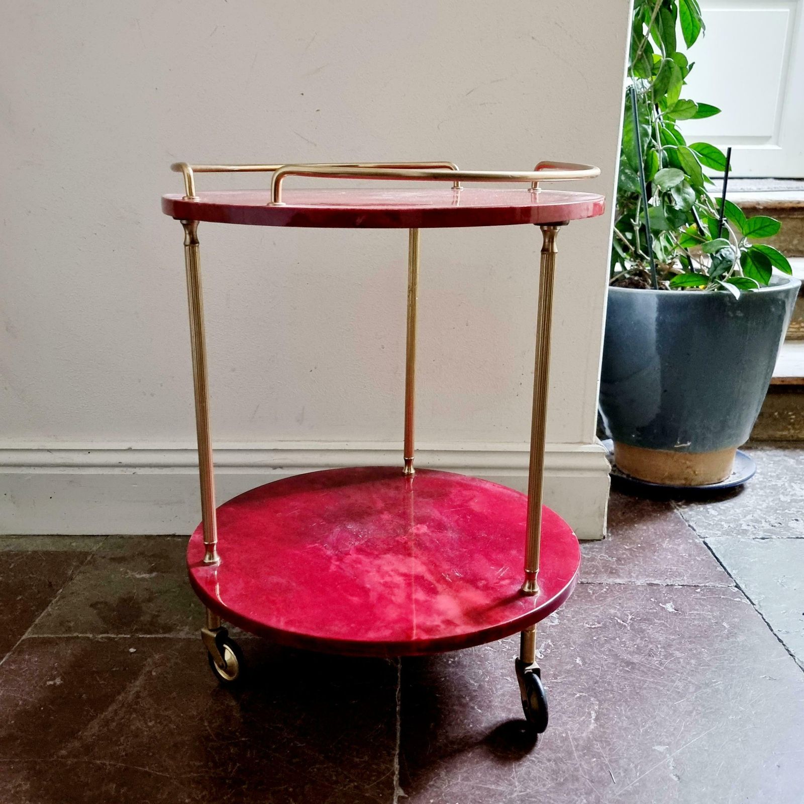 Furniture Aldo Tura, Bar Cart, Red Goatskin, Italian Midcentury / Hollywood Regency photo