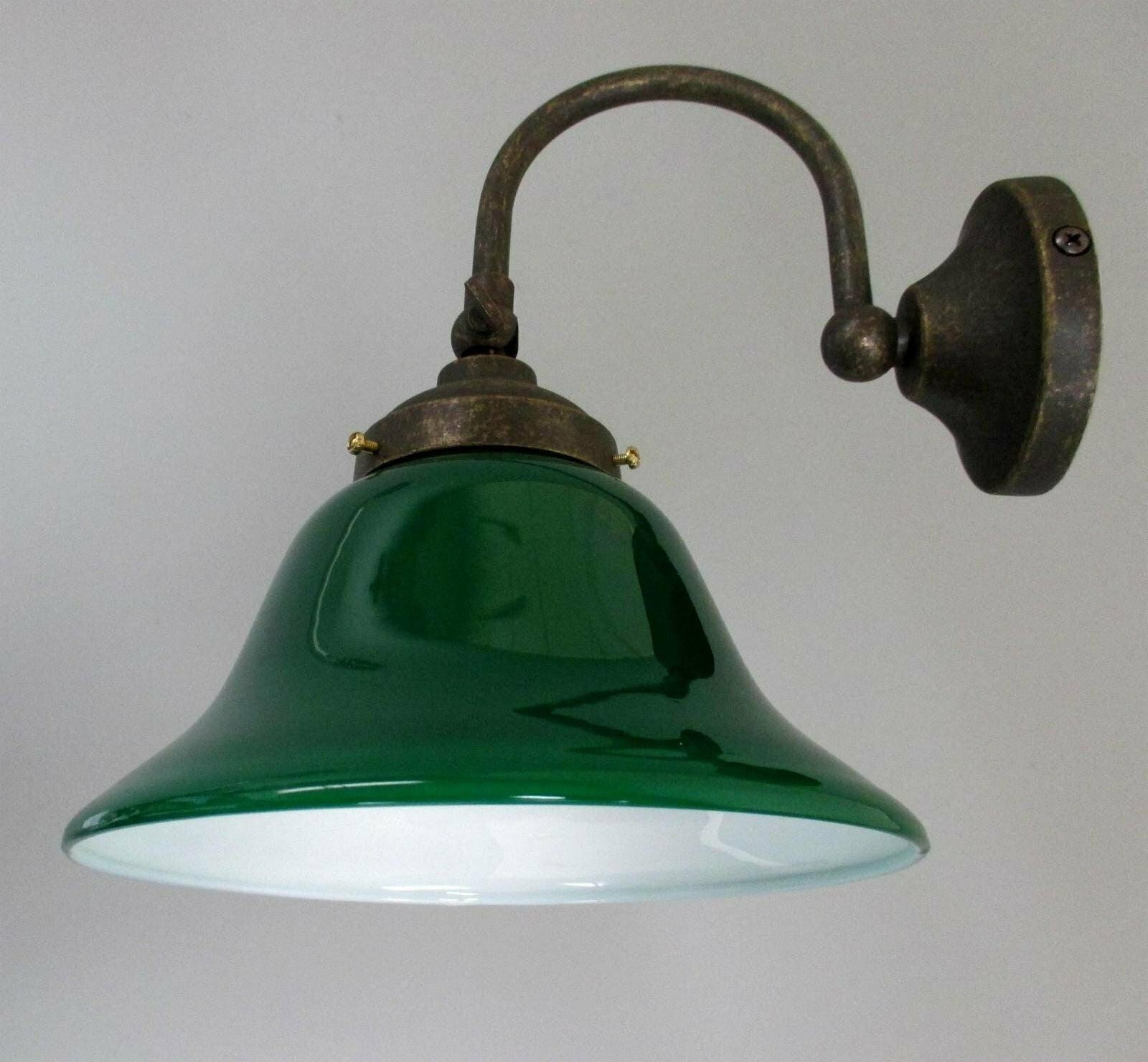 Vintage Wall Lamp Arc Lamp Antique Brass With Drop Shade Opal Glass Green White