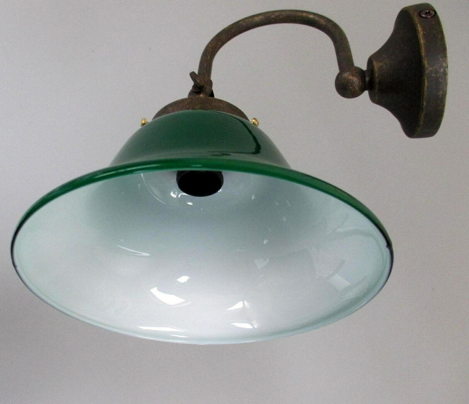 Vintage Wall Lamp Arc Lamp Antique Brass With Drop Shade Opal Glass Green White photo for sale